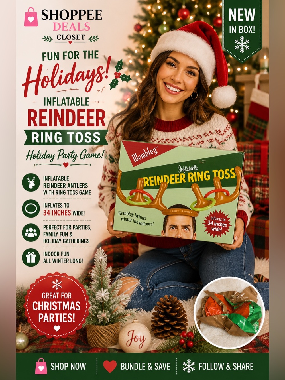 Wembley Inflatable Reindeer Ring Toss Christmas Holiday Party Game NIB 34”